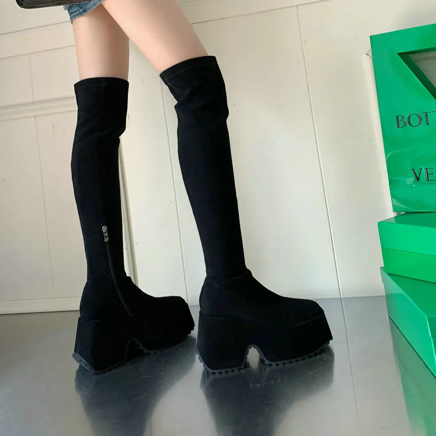 QUTAA 2024 Stretch Over The Knee Boots Wedge High Heel Autumn Winter Microfiber Shoes Woman Square Toe Elegant Office Size 34-39