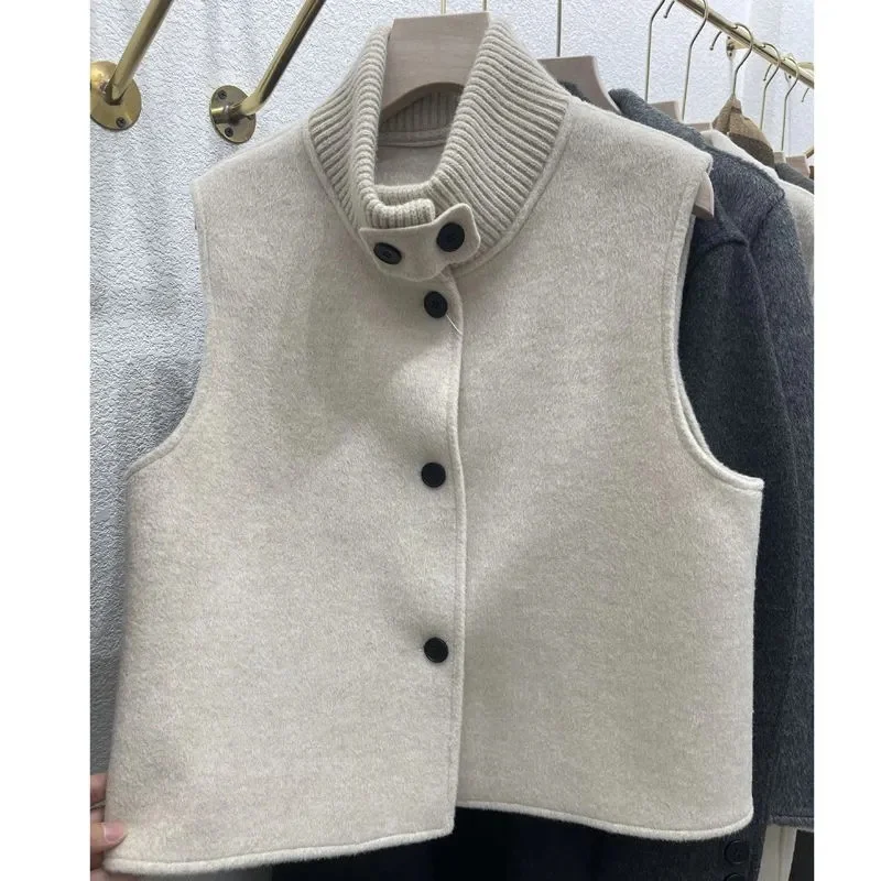 Korean Women Solid Color Wool Sleeveless Coat Autumn Winter Femme Double Faced Vest Jacket Ladise Stand Collar Waistcoat Outwear