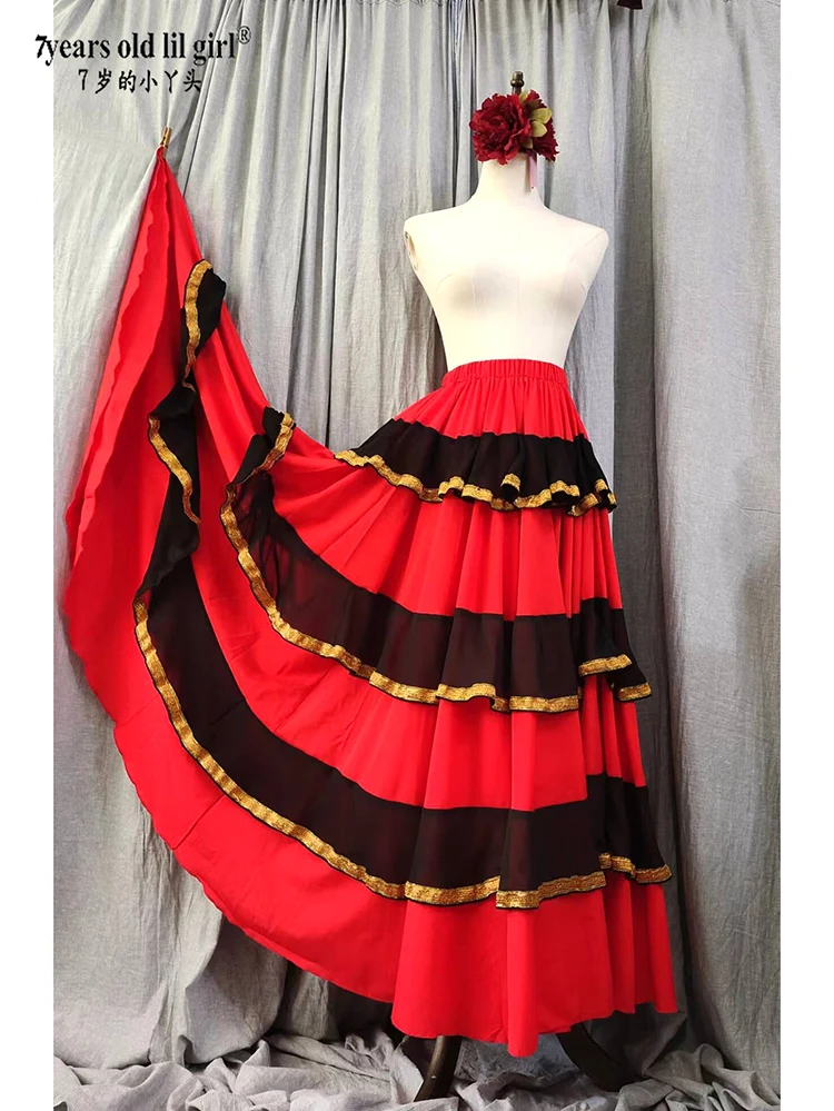 Spanish Flamenco Practice Costume Performor Dress Skirt Women Layers Wearing Fish Tails 9EX64