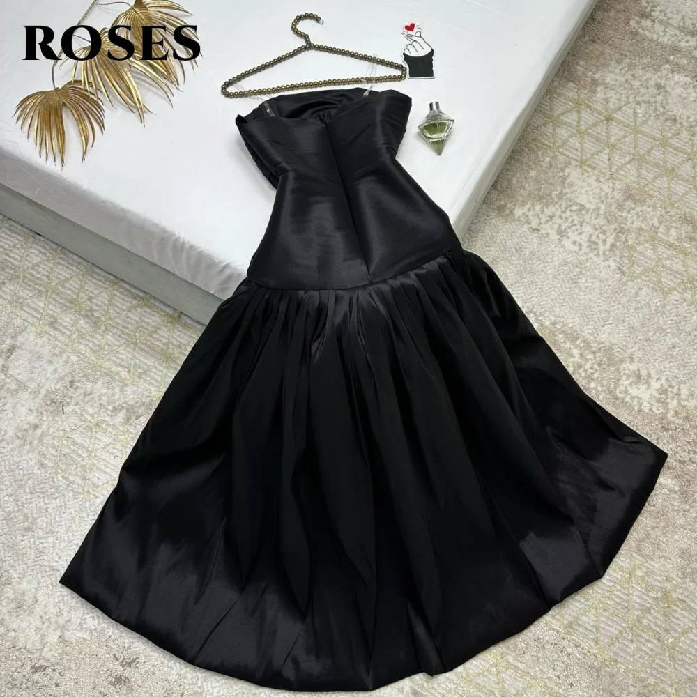 فستان رسمي من الساتان باللون الأسود البسيط من ROSES بطيات على شكل حرف a بدون حمالات وأنيق بدون أكمام من الساتان حسب الطلب #3