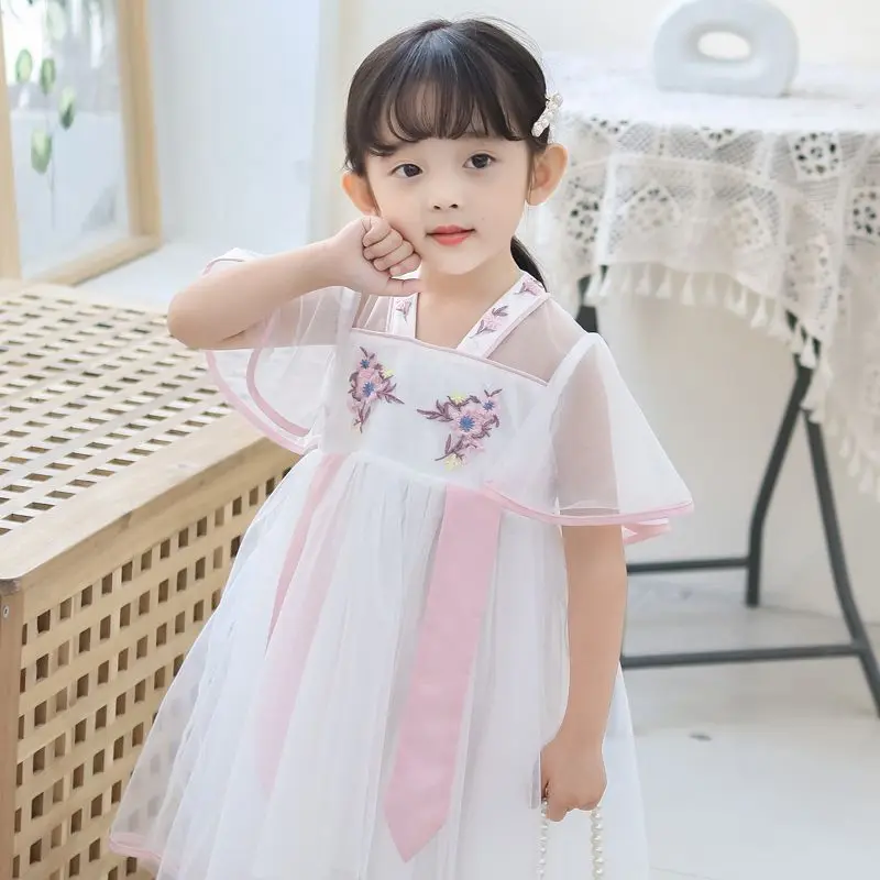 2024 New Summer Girls\' Hanfu Dress Children\'s Antique Flying Sleeve Mesh Skirt Baby Princess Dress Girl\'s Casual Dress