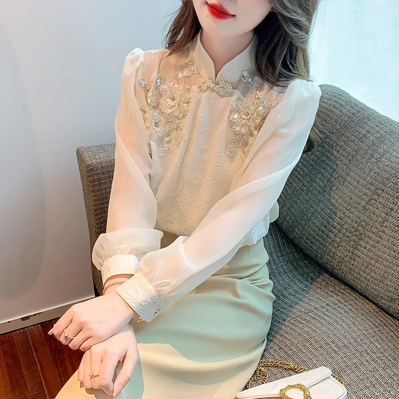 #2577 Chinese Style Vintage Blouse Femme Stand Collar Split Joint Chiffon Long Sleeve Blouse Women Sexy Thin Sequined Flower