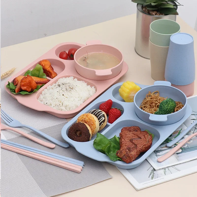 Creative Wheat Straw Tableware 6-piece Home Students Divided Plate Children\'s Bowl Cup Chopsticks Spoon Fork Set