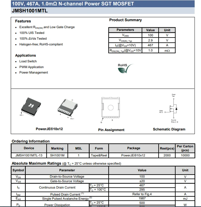 (10 pcs) JMSH1001MTL-13 TOLL 100V, 467A, 1.0mΩ N-channel Power SGT MOSFET