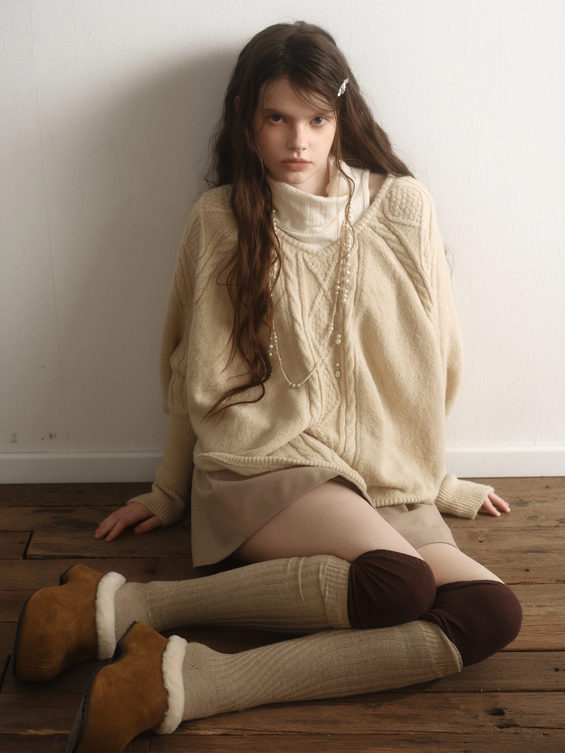 

Original Artist's Soft Purple Khaki Korean Sle Artistic Lazy Twisted Wool Batwing Sve Two-Piece Set Sweater for Women