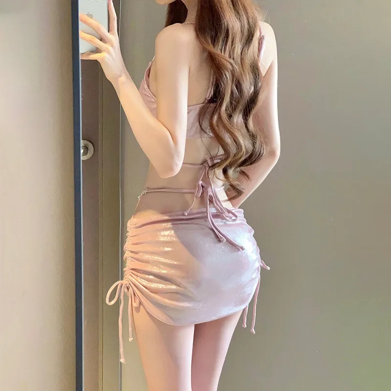 2025 Nuevo bikini de tres piezas para mujer - Traje de baño dividido sexy de gama alta con diamantes de imitación Traje de baño de aguas termales para vacaciones en la playa con cubierta