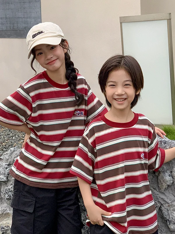

ex Stripe ort Sve T-irt Summer Loose Workwear Sle Children's Faion Brother Sister Outfit Trendy Kids Clothing