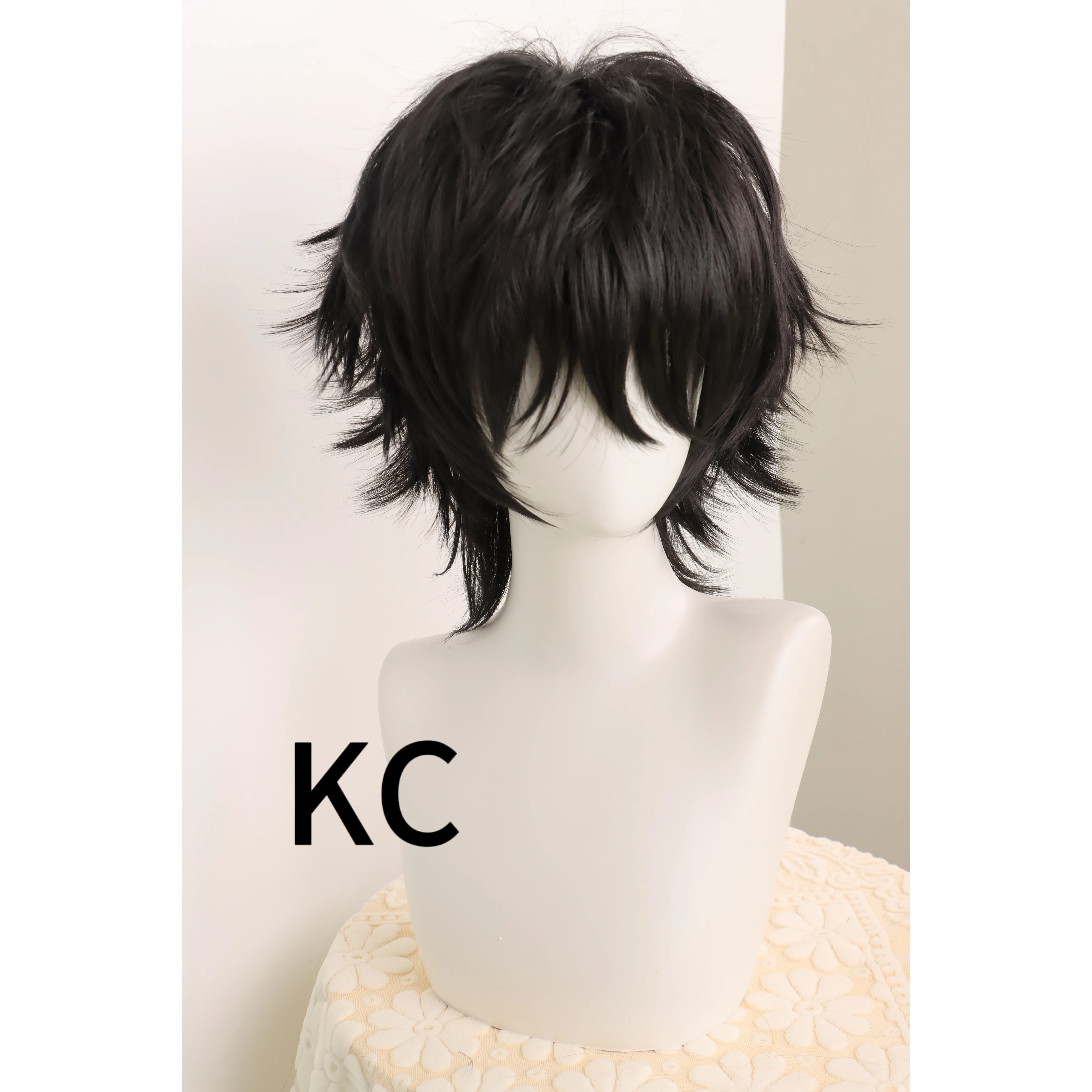 KC 14 Inch/35 cm Short Cosplay Wolf Tail Synthetic Side Bangs Party Wig (Black)