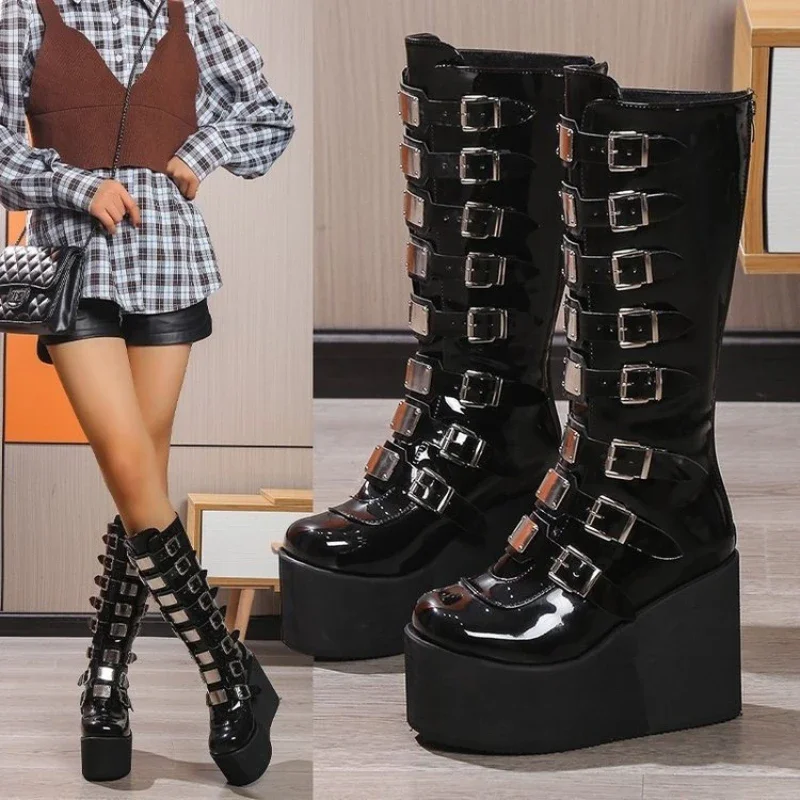 

2025 Women's Cosplay High Boots Winter Long Tube Leather Knight Boot Punk Gothic Classic Black High Heel Shoes Knee-High