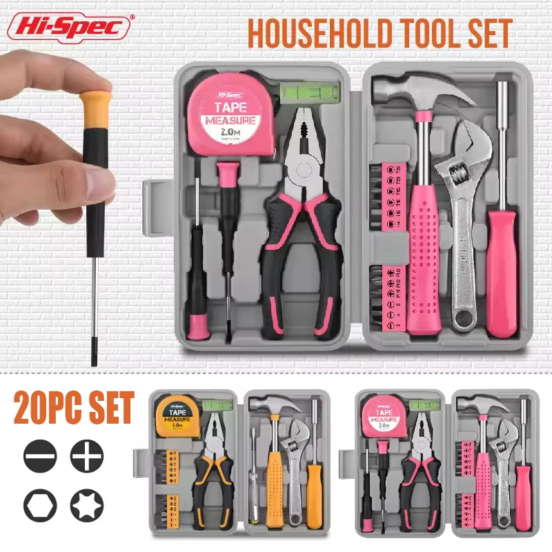 

Hi-Spec, 20 шт., розовый, желтый, набор бытовых инструментов, магнитные прецизионные отвертки, набор ручных инструментов, женский домашний инструмент «сделай сам», с молотковыми плоскогубцами
