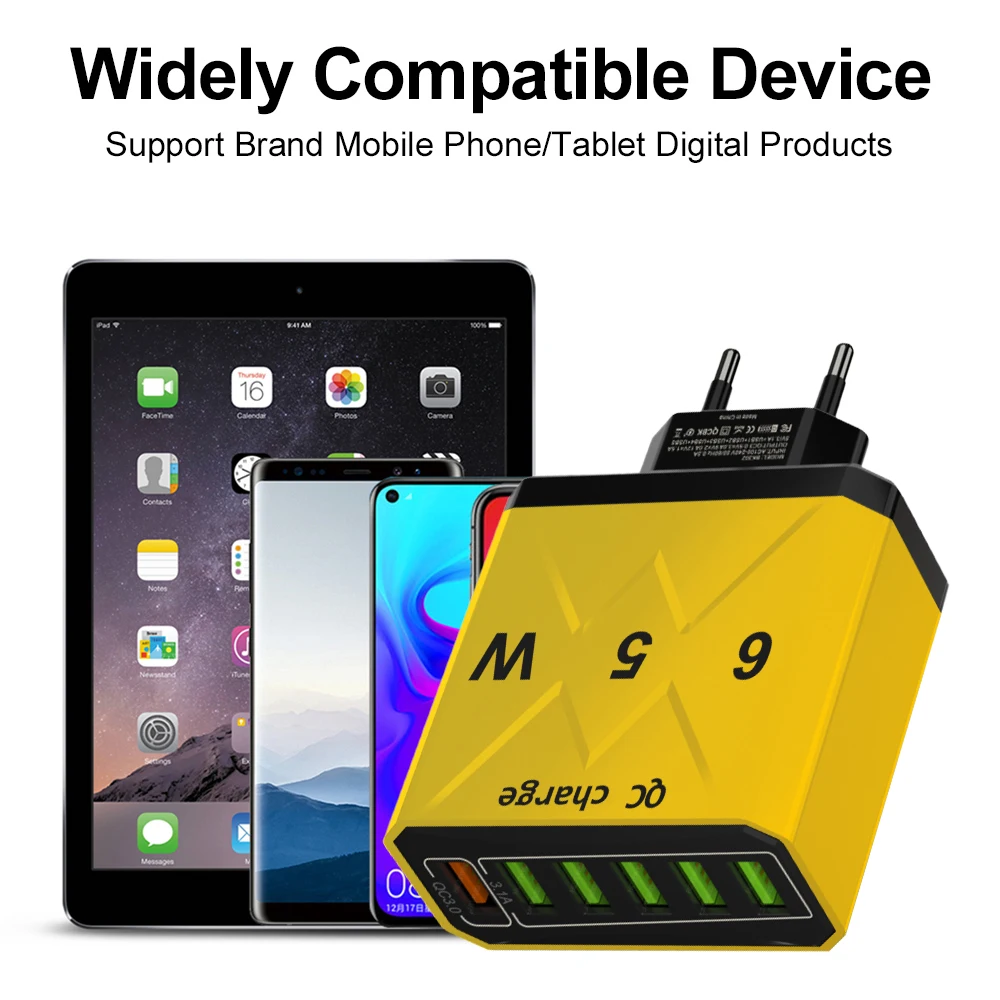 شاحن سفر USB سريع الشحن ، 6 منافذ ، 65 واط ، QC3.0 ، ايفون 15 ، سامسونج ، شاومي ، هاتف ، محول تابلت ، EU ، KR ، US ، المملكة المتحدة قابس