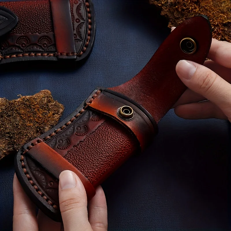 Hand-Carved Genuine Leather Folding Knife Sheath | Compact Outdoor Waist Pack for Storing Small Knives