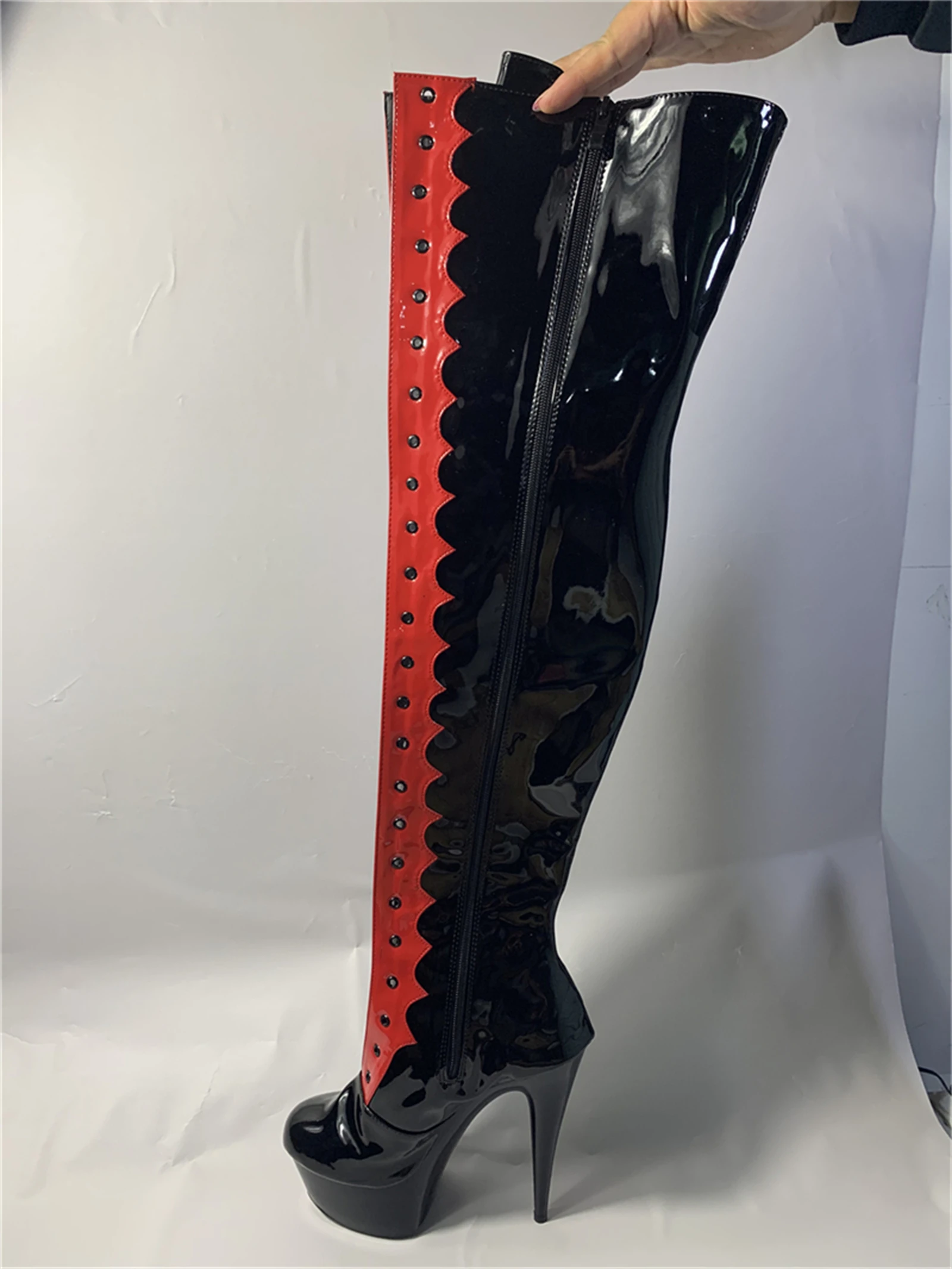 15CM Red Glossy Over Knee Boots | Sexy Chunky Heel Platform Booties with Pointed Toe | Versatile Thigh High Heels for Party & Ev view 4