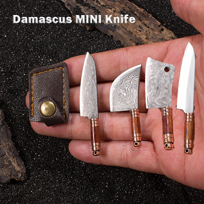 Damascus Blade Knife MINI Sharp EDC Self-defense Portable Keychain Unpacking Knife Outdoor Unboxing Tool With Leathe Cover