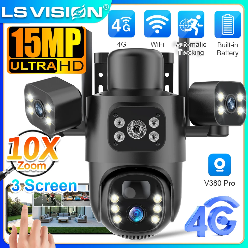 

LS VISION 15MP WiFi Security Camera 10X Zoom 4G Solar Camera 3-Screens 3-Lens CCTV Surveillance Camera Human Detection V380 Pro