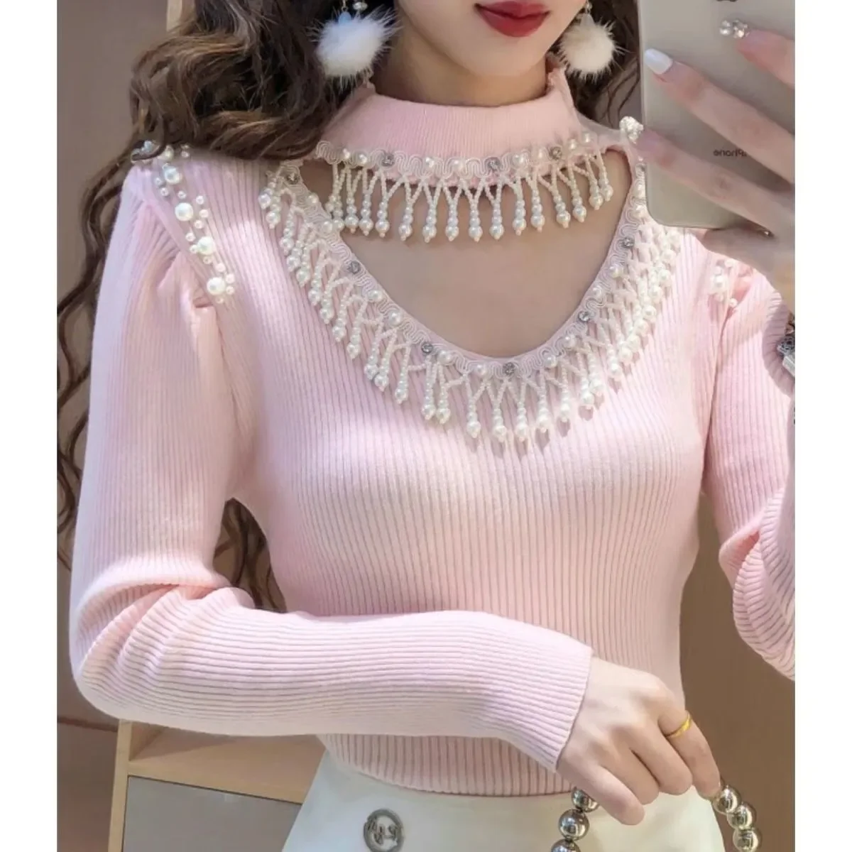 

Autumn Winter All-match Fashionable Tassel Diamonds Solid Color V-neck Long Sleeve Pullovers Ladies Fashion Knitting Sweater