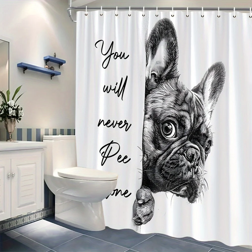 Funny French Bulldog Shower Curtain, Black White Sketch Dog With Inspirational  Waterproof Fabric Bathroom Curtain with Hooks