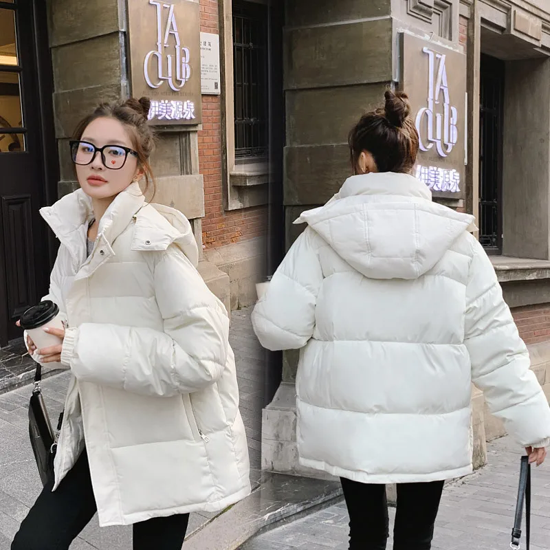 Autumn Winter Puffer Jacket Women Hooded Long Sleeve Parka Thick Warm Pockets Black White Pink Snow Clothes Korean Coat Loose