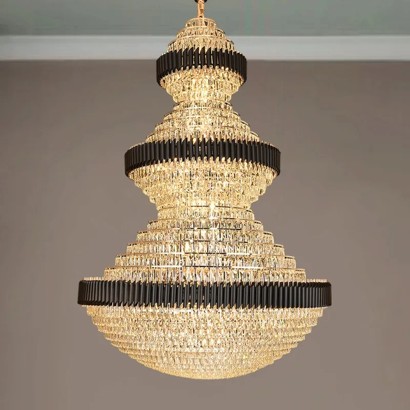 

Luxury Crystal Stair Chandelier Lighting Villa Lobby Hotel Large Decoration Hanging Lamps Black/golden Lighting Modern Led Lamp