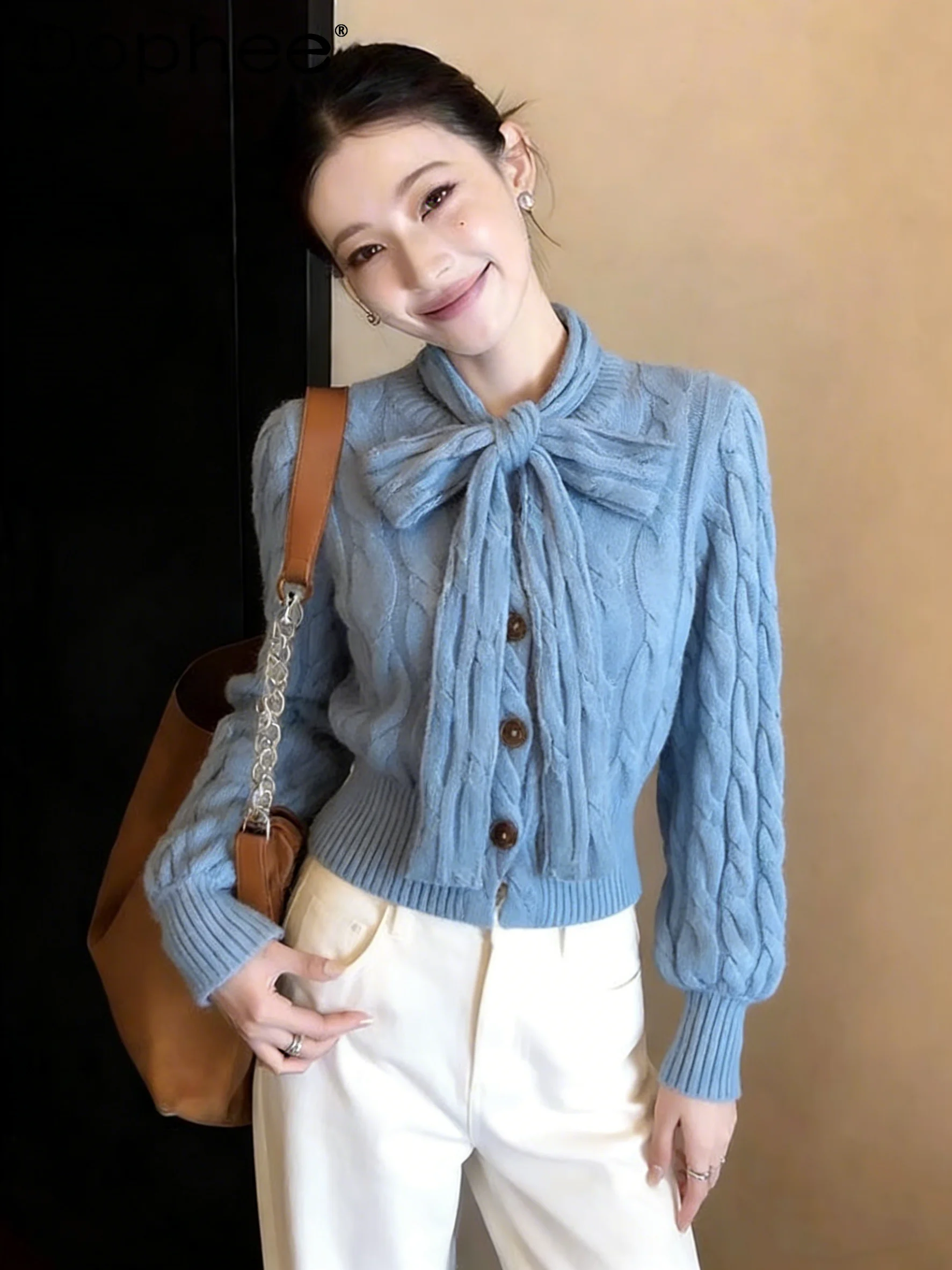 

Новый женский вязаный кардиган на весну 2026 года с бантом, универсальный, на одной пуговице, для повседневной носки