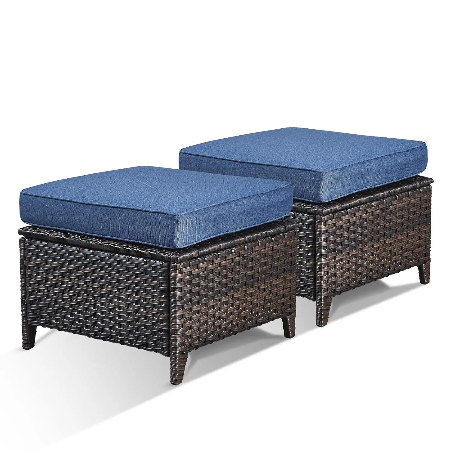 Patio Wicker Ottoman Set 2 Piece Footrest with Thickened Cushion for Outdoor Garden Porch Balcony Poolside Deck, Customized