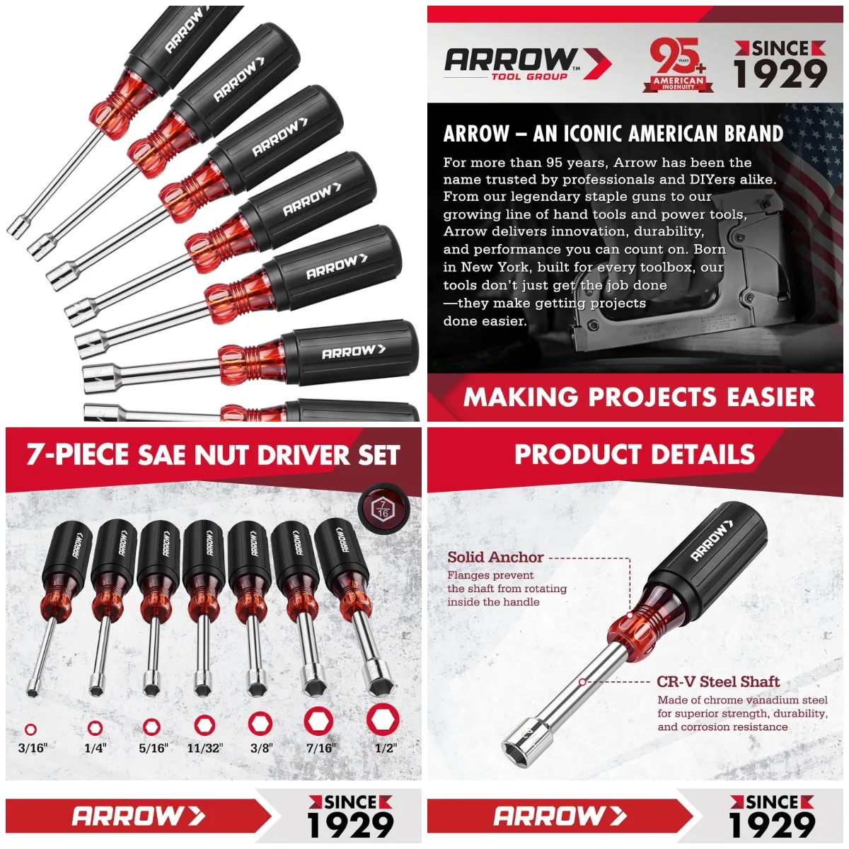 

ARROW 7-Piece Nut Driver Set, SAE Hex Sizes 3/16 to 1/2-Inch, Cr-V Steel, 1-Inch Hollow Shaft, Non-Slip Grip