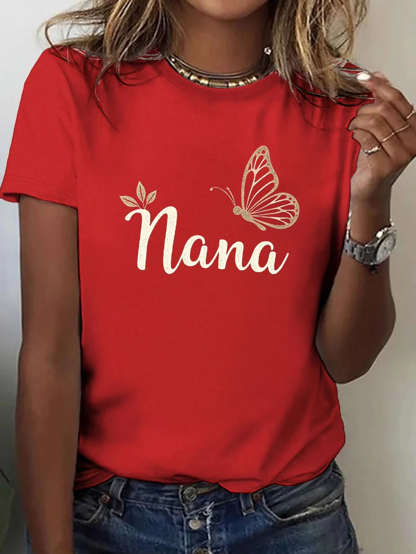 

Women's Red TShirt with "Nana" Cursive Script & Butterfly Design Summer Short Sleeved Harajuku Streetwear Tops Aesthetic Clothes