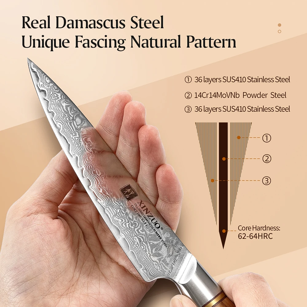 XINZUO 3PCS Knife Set 73 Layers Damascus Steel Razor Sharp Blade 14Cr14MoVNb Powder Steel Olive Wood Handle