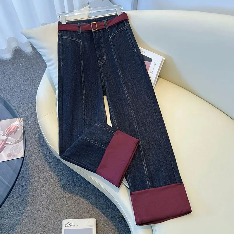 Kleurblokkerde patchwork-jeans voor dames in grote maten, losse broek met rechte pijpen, afslankende broek met hoge taille en wijde pijpen