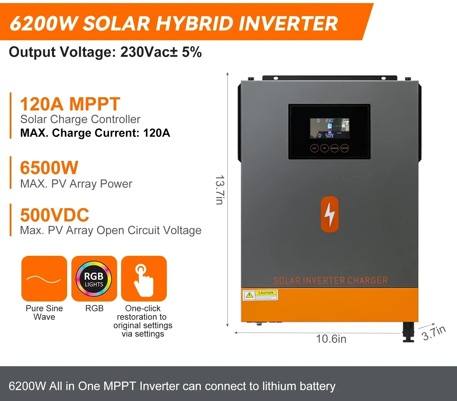 

PowMr 6.2KW 4.2KW 3.6KW Hybrid Solar Inverter On Grid Pure Sine Wave Inverter 24V 48V 230V PV Input Max 500vdc MPPT 120A Charger