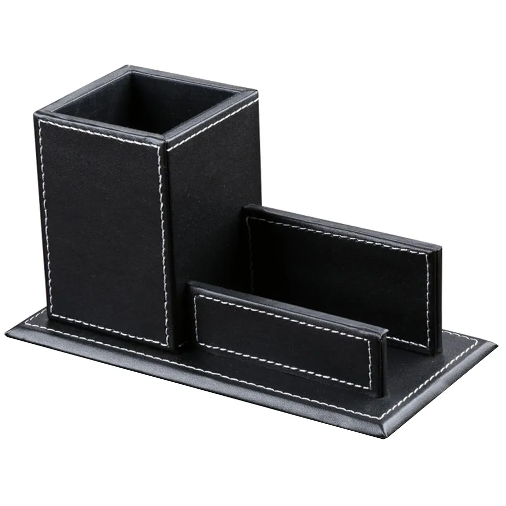 PU Business Pen Holder Card Stand Desktop Organizer Black Stylish Office Supplies Organizer Clean Desktop Storage