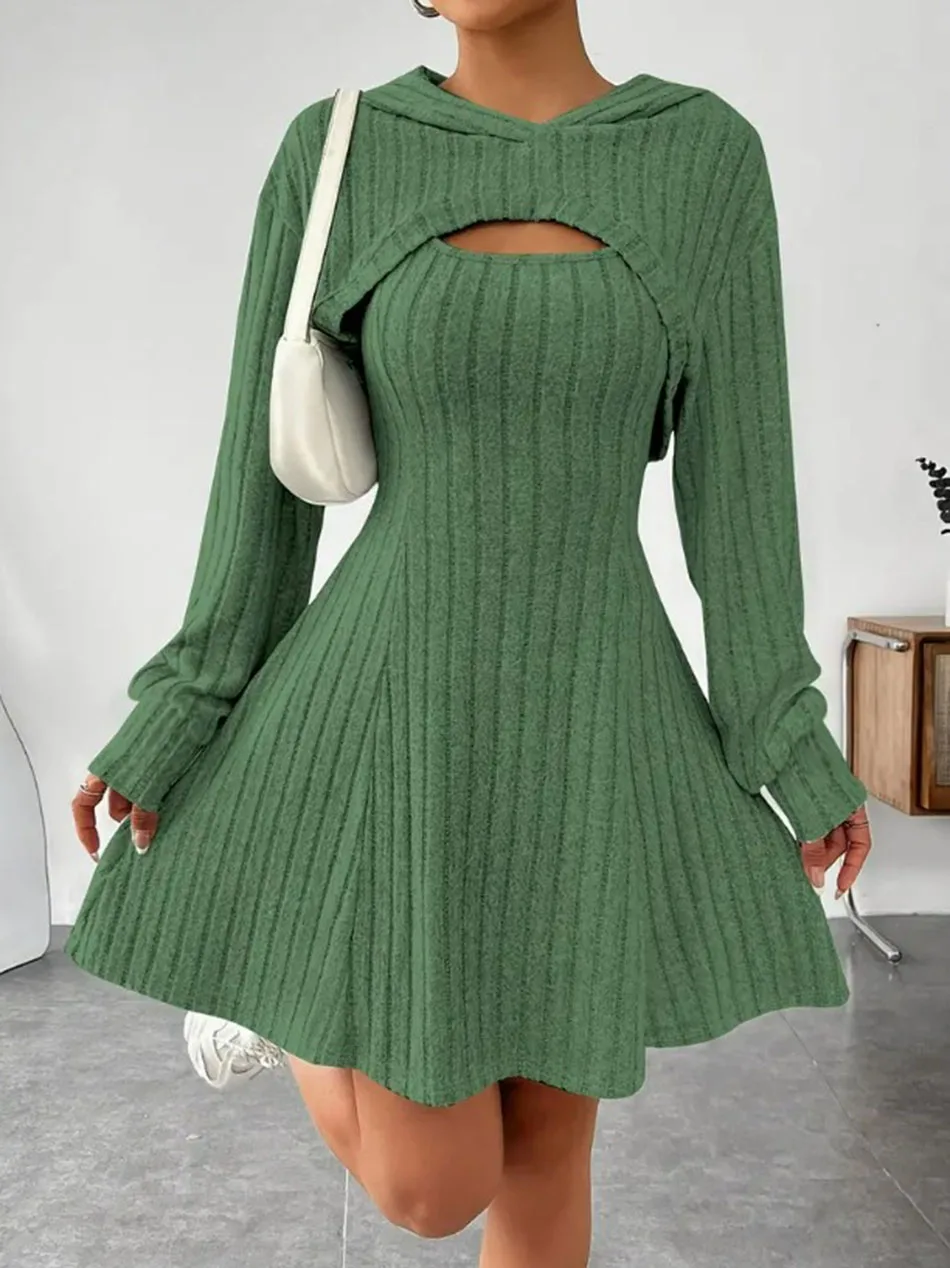 Conjunto de ropa de mujer, Top con capucha de manga larga y vestido sin mangas con cuello cuadrado