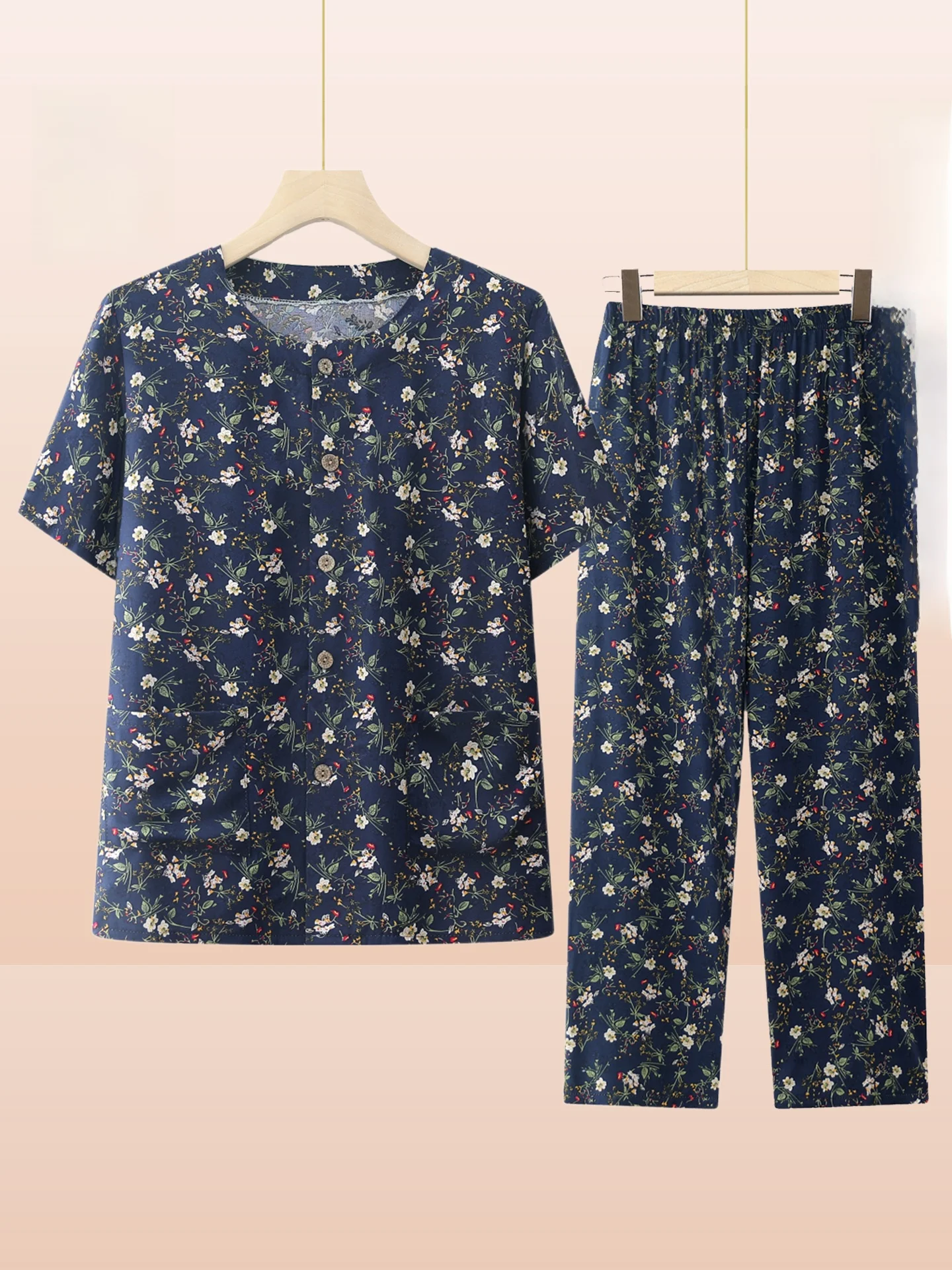 Summer Two-Piece Set ly Women's Spwear ort Sve Silk Home Clothes Mom's Clothes Comfortable Loose Sle Floral Pa...