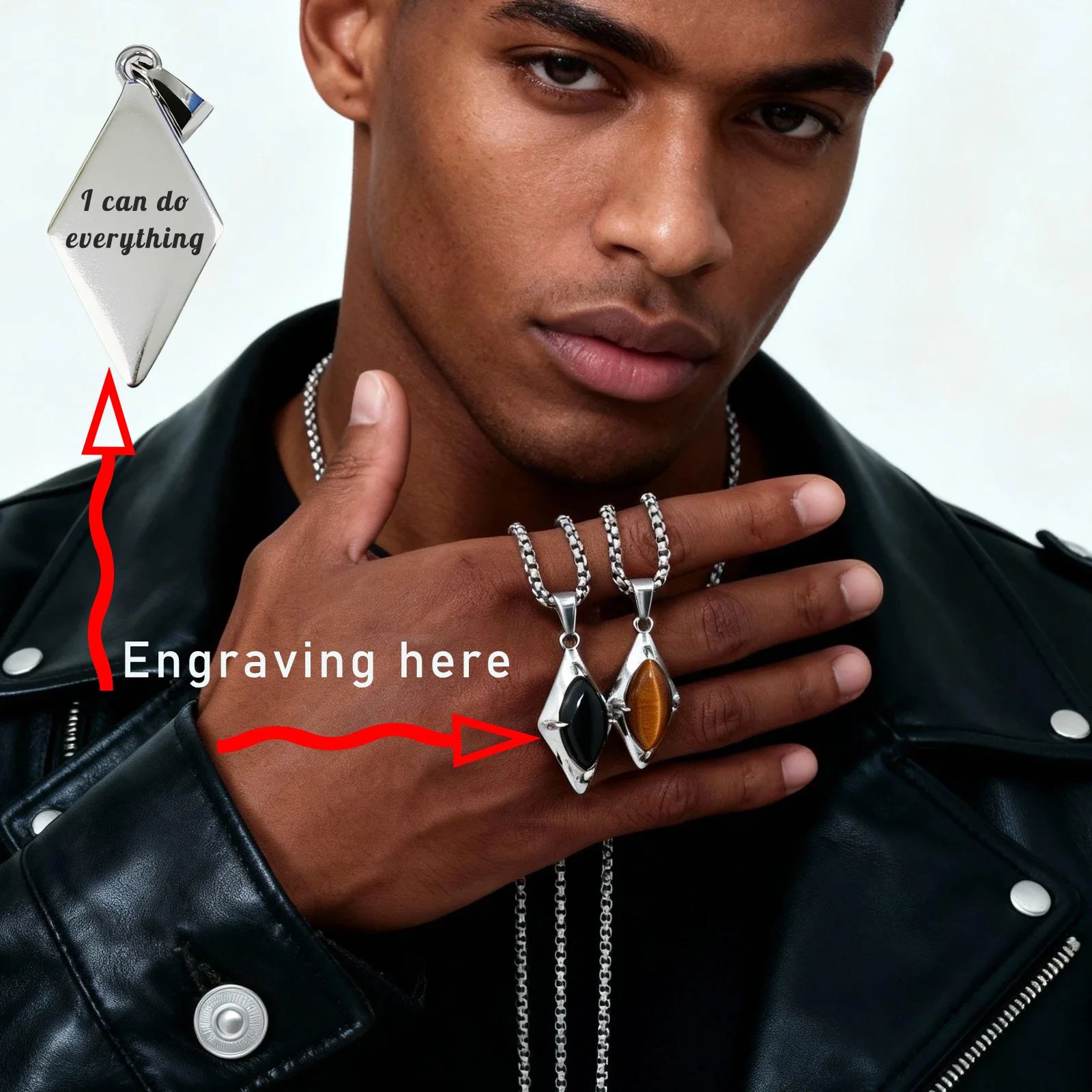 

Natural Gemstone Necklace For Men Women, Free Engraving Customized On Back High-Quality Stainless Steel Necklace Length 50-70cm