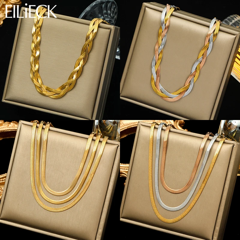 EILIECK 316L Stainless Steel Multi-layer Flat Snake Chain Necklace For Women Girl Fashion Neck Chain Non-fading Jewelry Gift