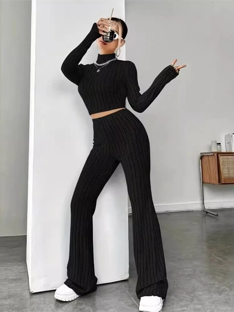 2024 Spring Women\'s Fashion Knitted Long Sleeve Waist Set Hoodie High Collar Loose Long Sleeve Long Pants Two Piece Set