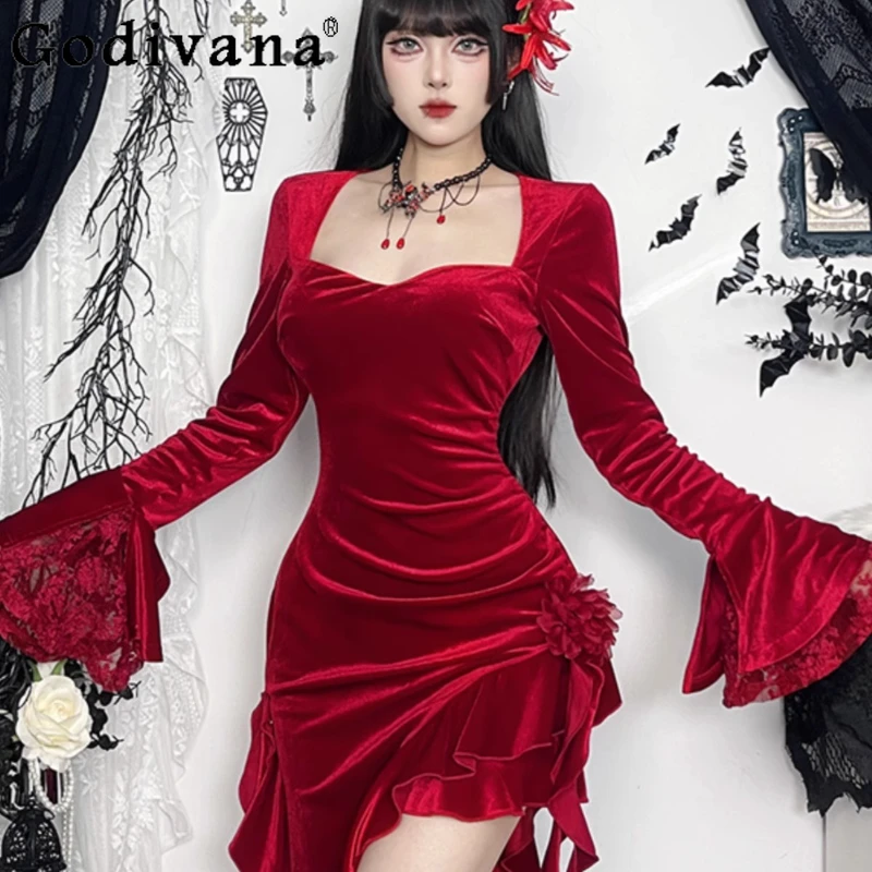 Abito sexy in velluto rosso natalizio Abito lungo irregolare a vita alta irregolare da donna Abito Lolita a maniche lunghe primaverile femminile