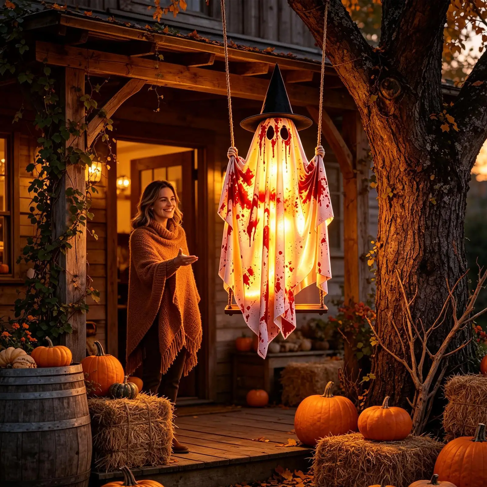 Outdoor Halloween Ghost with Remote Control String Lights Hangable Ghost Swing Ornament for Garden Porch Courtyard Patio Tree