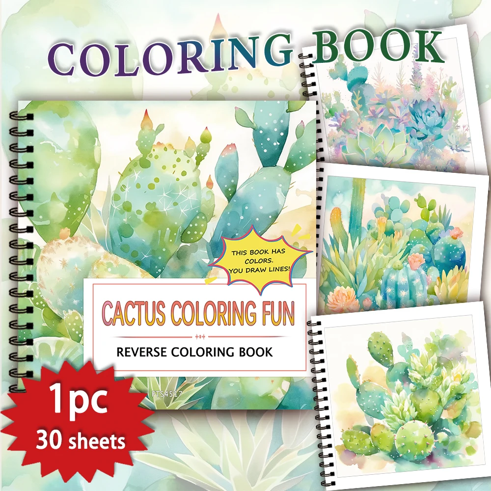 1pc Cactus Reverse Coloring Book,30 Thick Pages 100gsm,Relaxing Creative Line Activities,Perfect Gift for Family and Friends