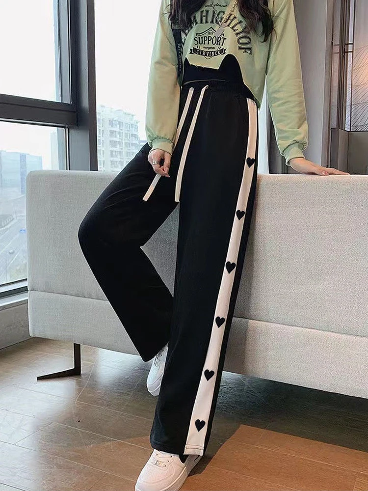 

Zoki Women Fashion Patchwork Heart Sweatpants Summer Korean Loose Casual Trousers Chic Preppy Style Student Wide Leg Pants New