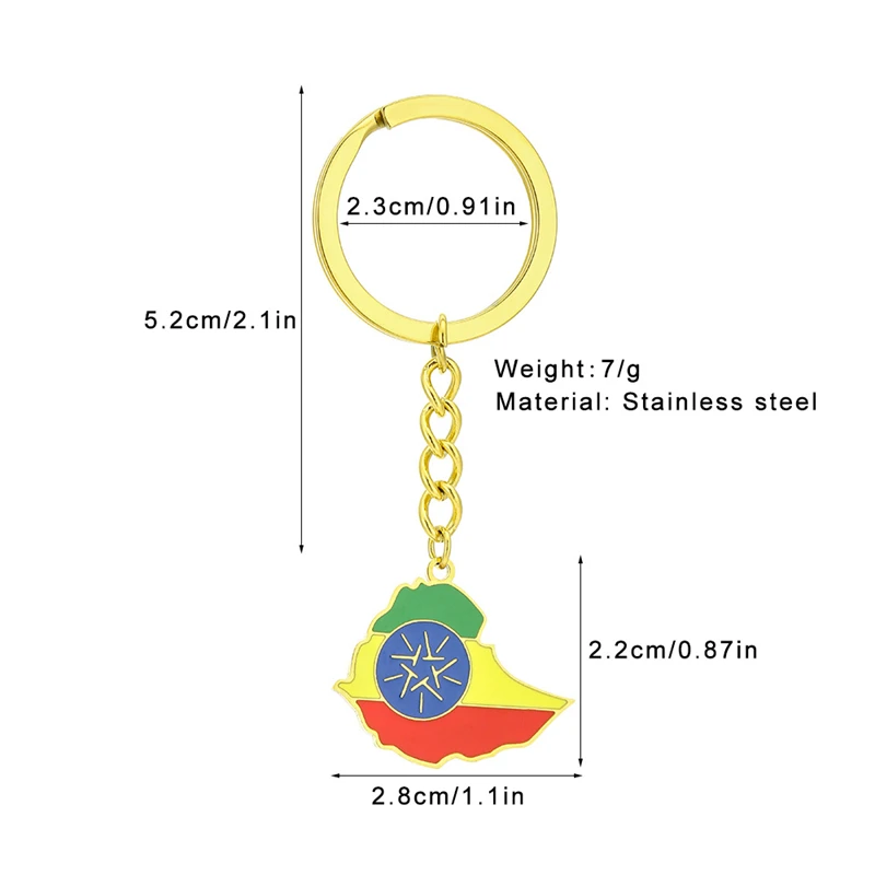 Ethiopianマップフラッグキーホルダー、ステンレス鋼、ゴールド、シルバーカラー、ethicopia、アウトラインエンブレム、エスニック愛国心が強いジュエリー、ファッションエナメル