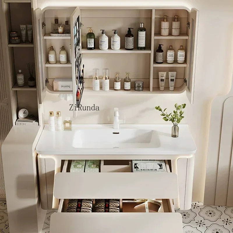 Armário de banheiro estilo creme nórdico, simples, cerâmica, integrado, espelho de banheiro, móveis da moda, baño fisbc