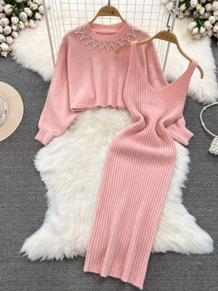 Winter Casual Two Piece Set Women Long Sleeved Diamond Embellished Stand Collar Knitted Corp Sweater V-neck Tank Top Dress Suits