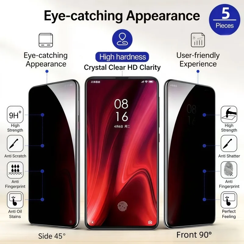 5 Stück Blickschutzfolie für Xiaomi Redmi Note 12 11 10 13 Pro 11S 9 8 7 Plus 5G 10S 9S Anti-Spy Glas für Redmi 10C 9A 9