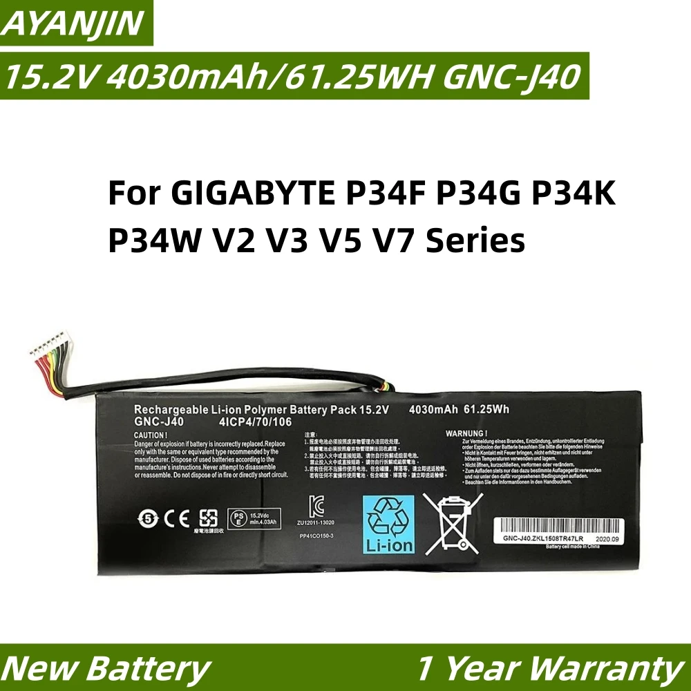 GIGABYTE-Bateria do portátil, GNC-J40 961TA013F, 15.2V, 4030mAh, 2.2 WH, P34F, P34G, P34K, P34W, V2, V3, V5, V7 Series