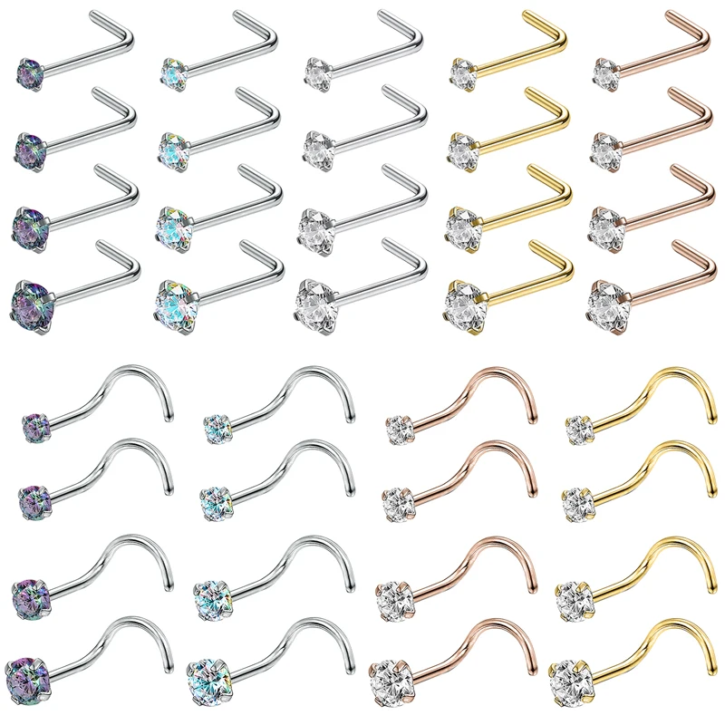 AOEDEJ 20G Rose Gold Plate Nose Stud Stainless Steel Nostril Piercing Jewelry Crystal Nose Studs 6/8PCS Body Piercing Jewelry