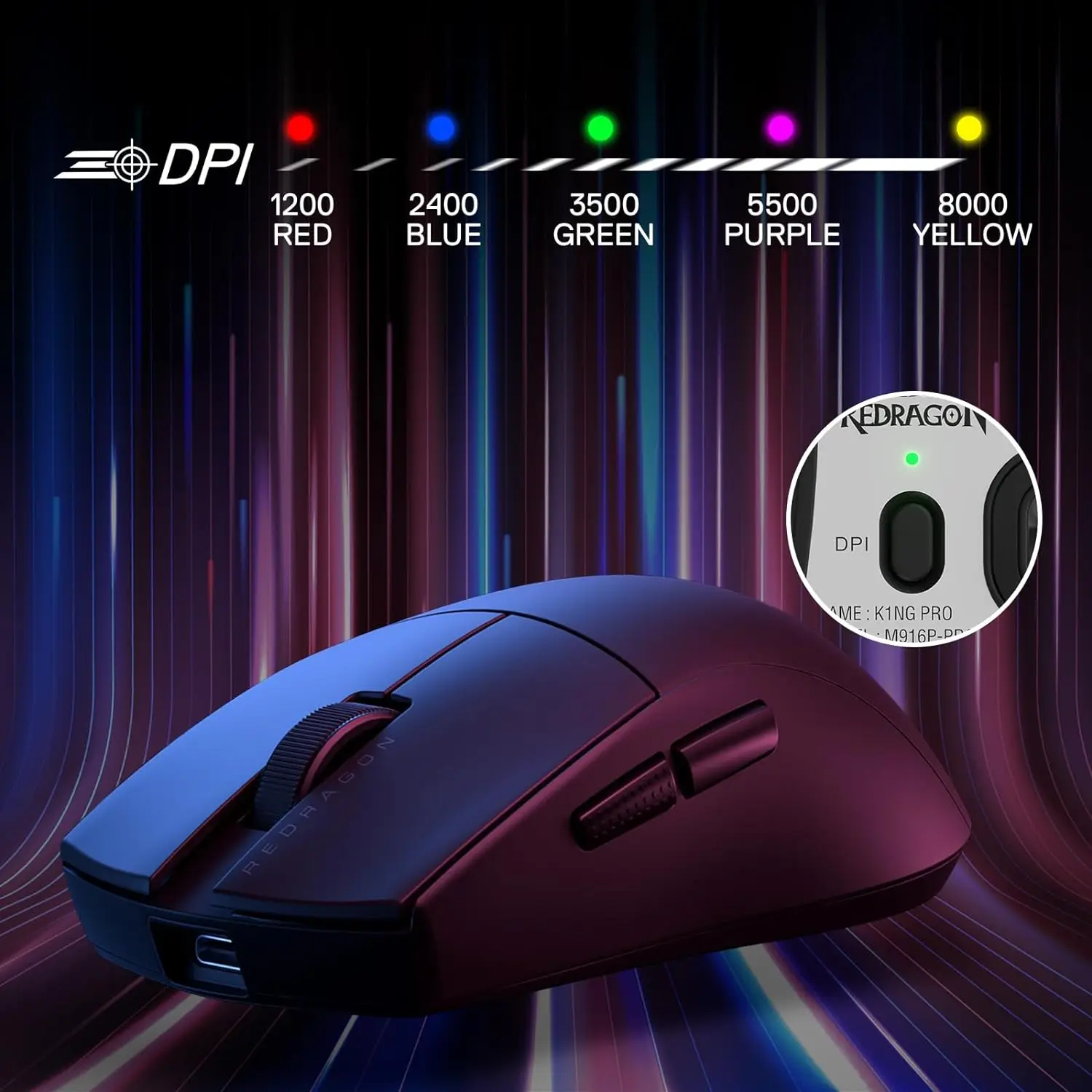 Redragon M916 Mouse da gioco Wireless, 49G Ultra-leggero 8K DPI 2.4G Mouse da gioco Wireless con impugnatura naturale ergonomica