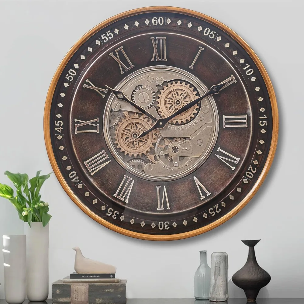 

24 inch wall clock with moving gears, oversized industrial steampunk wall clock, antique gold metal roman numeral wall clock