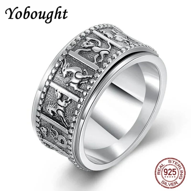 wholesale Chinese Twelve Life Jewelry 100% 925 Pure Silver Rotating Good Luck Ring for Men, Retro Thai Silver Trendy Punk Style