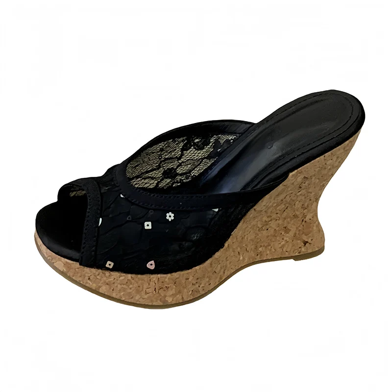 Фото Розовые босоножки на танкетке с белым кружевом, платформа 10 см, женские туфли на высоком каблуке, шлепанцы, женские сандалии, новинка 2026 года